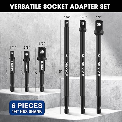 WORKPRO 6-Piece Socket Adapter Extension Set, 1/4, 3/8, 1/2-Inch Drive, 1/4-Inch Hex Shank, 2.6, 2.9 & 6 Inch Length, Impact Grade Extension Bit With Holder For Power Drill & Impact Driver