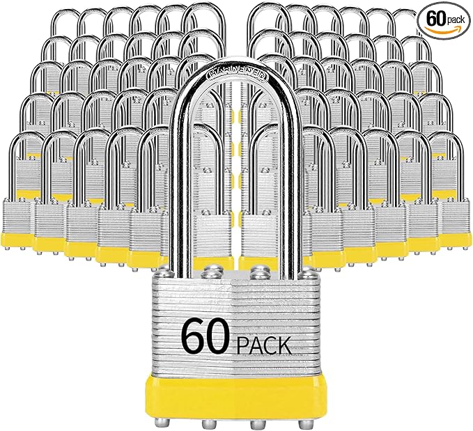 Padlocks Keyed Alike, Pack of 60, Laminated Steel Keyed Lock (1-9/16", 40mm), Padlocks with Same Key, Long Shackle, for Toolbox, Locker & StorageUnit or More
