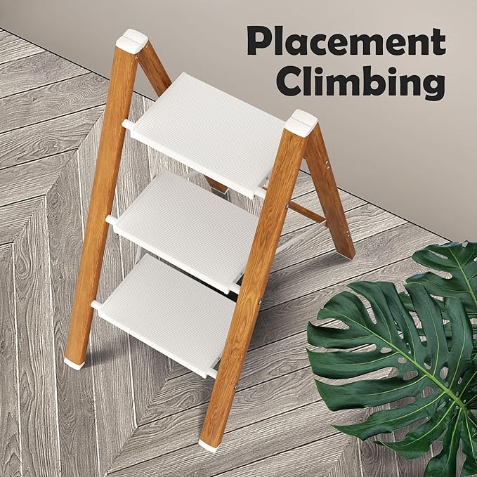 Taranta 3 Step Ladder,Aluminum Lightweight Folding 3 Step Stool with Anti-Slip Wide Pedal,330lbs Capacity Step Ladder for Household,Kitchen,Office - White Woodgrain