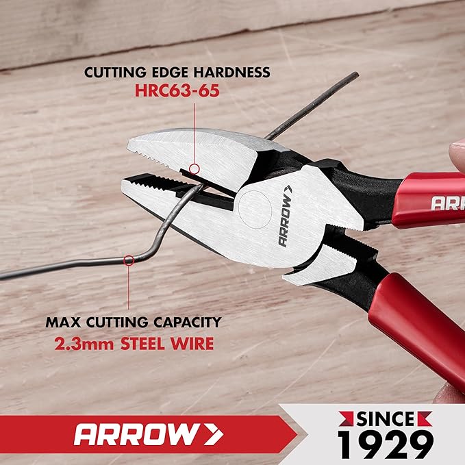 ARROW 8" High Leverage Linemans Pliers, Side Cutters, Linesman Pliers for Wire Cutting, Gripping