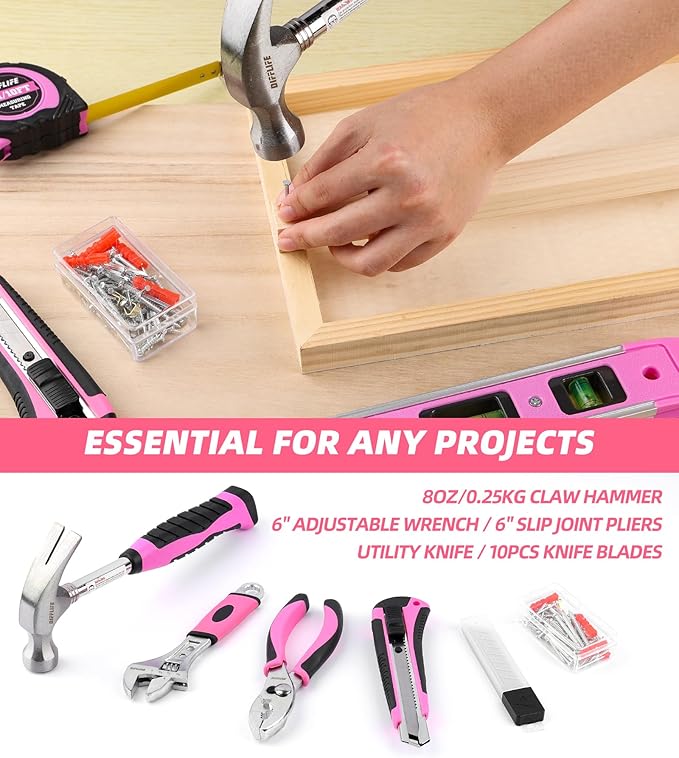 Pink Tool Set -131 Piece Pink Tool sets for WomenGeneral Household Hand Tool Kit with Plastic Tool Box Storage Case(Pink)