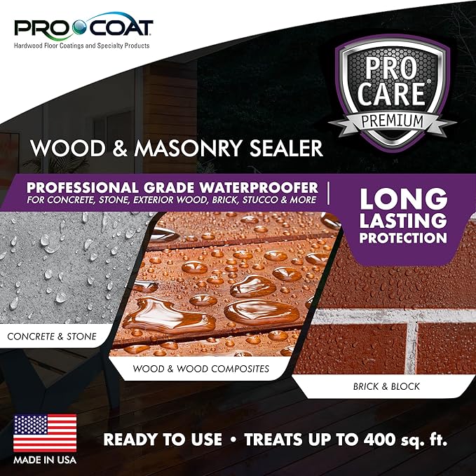 ProCare Premium Masonry and Wood Floor Sealer - Outdoor Waterproof Protectant for Concrete, Stone, Exterior Wood, Brick, Stucco - Weatherproof Clear Silicone Sealant - Made in The USA (1 Gallon)