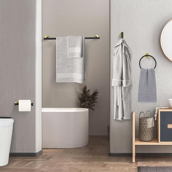 Black and Gold Bathroom Hardware Accessories Set,4 Pieces Towel Bar Set 27.5 Inch Towel Bar,Rack Set for Bathroom SUS304 Stainless Steel Towel Holder Set,Wall Mounted