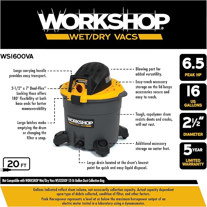 WORKSHOP Wet/Dry Vacs Shop Vacuum WS1600VA 16-Gallon 6.5 Peak HP Heavy-Duty Wet Dry Vacuum Cleaner with Filter, Hose, and Attachments for Home Projects & Renovations