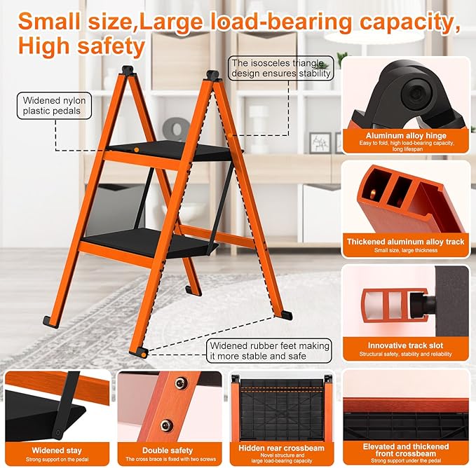 2 Step Ladder,Aluminum Ultra Thin Folding Step Stool,400 Lbs Capacity Heavy Duty with Anti-Slip Sturdy and Wide Tread,Closet Slim Step for Home,Kitchen and Office,Space Saving (Orange, 2-Step)