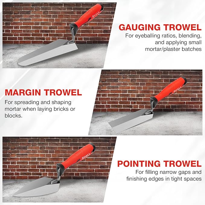 SHALL 3-Piece Masonry Tools Set, 6’’ Margin Trowel, 5.5’’ Pointing and 7’’ Gauging Trowel with Soft Grip Handle, Bricklaying Hand Tool for Concrete, Cement, Plaster, Tile Construction Projects