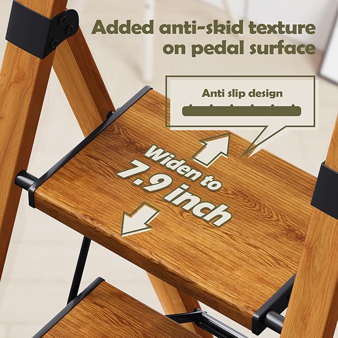 Taranta 5 Step Ladder, Portable Folding Ladder with Wide Pedal, Lightweight Aluminum Step Stool with Convenient Handgrip, 330 lbs Capacity Stepladder for Home, Office - Woodgrain