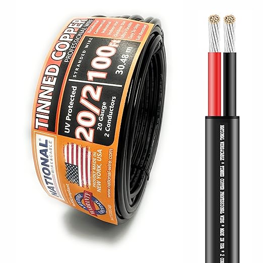 National Wire&Cable - 20/2 Tinned Copper Professional Wire (100 Feet) 20 AWG Gauge Stranded PVC Cord - 2 Conductor Electrical Wire - Made in USA - CL Rated/ETL Listed - LED Light, Low Voltage Cable