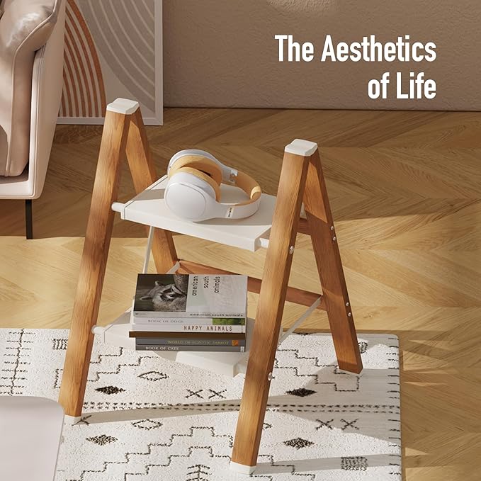 2 Step Lightweight Aluminum Folding Ladder, Portable Step Stool with Anti-Slip Pedals, 330 lbs Capacity for Home, Office, Kitchen(White&Woodgrain)