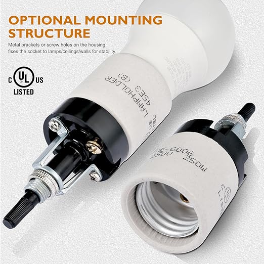 E26 Porcelain Lamp Socket with Rotary Knob Switch - High Temperature Resistance, UL Listed, 250V 250W for Safe Lighting Replacements(2 Pack)