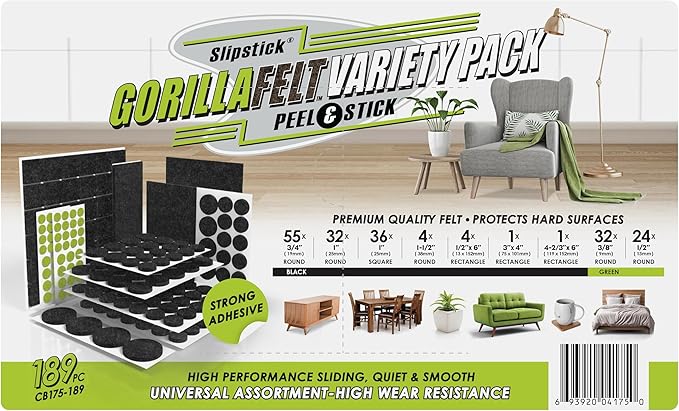 Slipstick Gorilla Felt Furniture Pads (189 Piece Variety Pack) Premium Furniture Pads & Chair Leg Floor Protectors for Hardwood Floors & Hard Surfaces