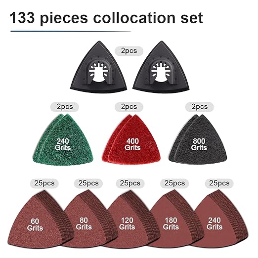 133PCS Oscillating Tool Sanding Pads Kit,125 Sandpaper, 2 Triangular Sanding Pads and 6 Triangular Scrubbing Pads for Surface Sanding,Mechanical Maintenance Cleaning,Polishing,Deburring