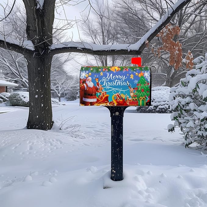 Christmas Mailbox Covers Magnetic Large Size Santa Mailbox Post Cover Winter Snowflake Extra Deer Holiday Letter Box Wraps Oversized Decor Waterproof 25.5X21 Inch