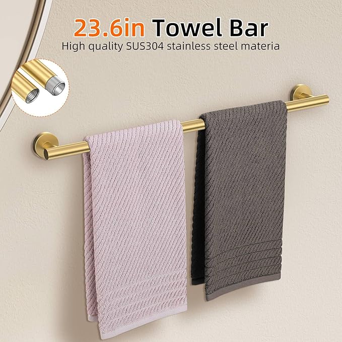 Brushed Gold 6 Pieces Bathroom Hardware Accessories Set Gold Towel Bar Set,Modern Towel Holder Set for Bathroom,Stainless Steel Towel Rack Set Wall-Mounted 23.6 Inch