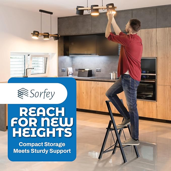 Step Ladder 2 Step Folding, Decorative - Beautiful Bamboo & Black Aluminum, Ultra Slim Profile, Anti Slip Steps, Sturdy-Portable for Home, Office, Kitchen, Photography Use,by SORFEY