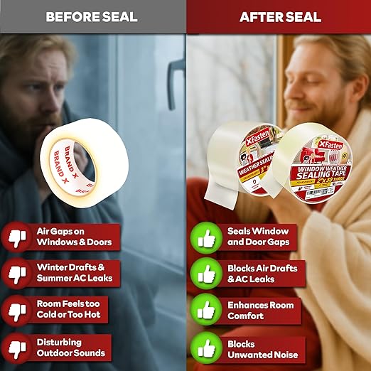 XFasten Transparent Window Weather Stripping Tape 2”x30yds (3-Pack Total 90yds), No Residue Insulation Tape for Windows and Doors, Winter Window Seal