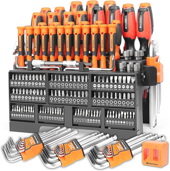 Amartisan 175-piece Magnetic Screwdrivers Set Plastic Racking, DIY Tools Set Tools for Men Tools Gift, Includs Precision screwdriver, Magnetizer, Key Set, Nut Driver and Bit Set
