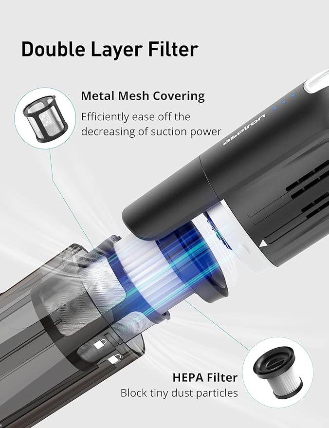 Aspiron Cordless Handheld Vacuum, 24KPA Powerful Car Vacuum, Rechargeable, Charging Dock, Ergonomic Handle, 2-in-1 Crevice Tool, 1.8lb Portable Vacuum Cleaner with 2-Speed for Car, Home, Black Grey