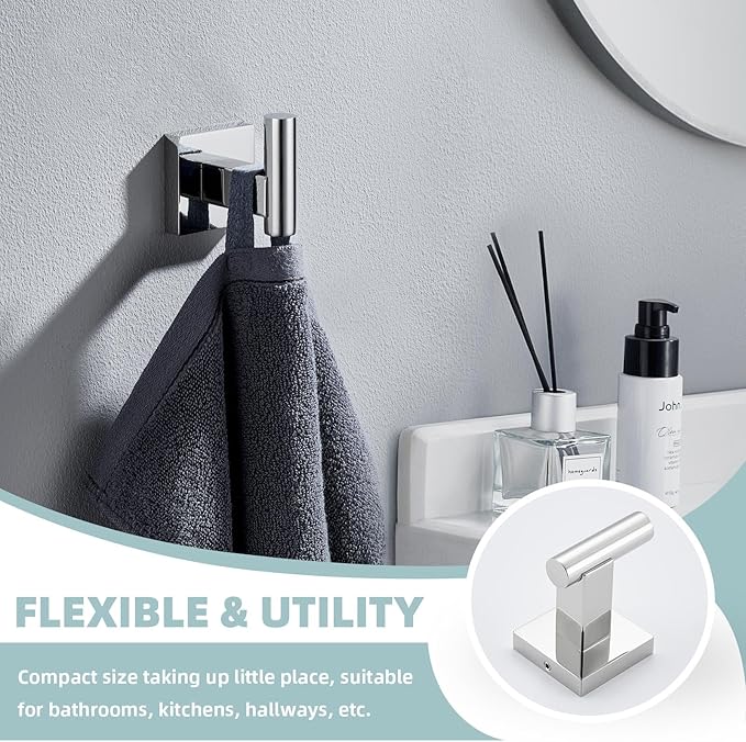 Suyar Bathroom Accessories Set Polished Chrome, SUS 304 Stainless Steel Bathroom Hardware Set 4 Pieces, Include Robe Hook, Toilet Paper Holder, Hand Towel Holder, Towel Bar, Wall Mounted
