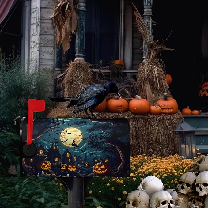 Halloween Pumpkin Castle Mailbox Covers Magnetic Lareg Size 25.5x21 Inch Spooky Witch Mailbox Cover Oversized Moon Night Letter Post Box Wraps for Garden Yard Outdoor Decor