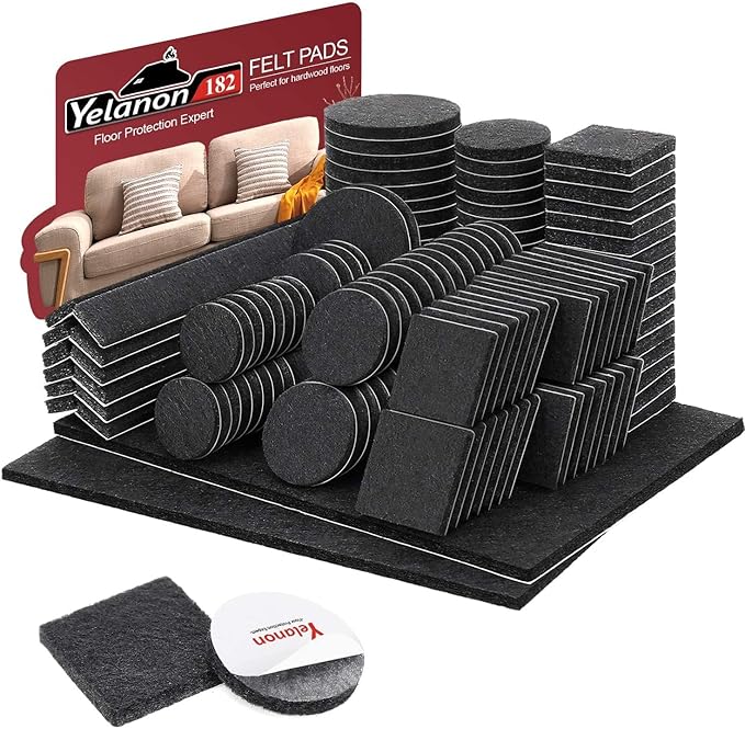 Yelanon Felt Furniture Pads -182 Pcs Premium Felt Pads for Chair Legs Furniture, Floor Protectors for Hardwood Floors, Black