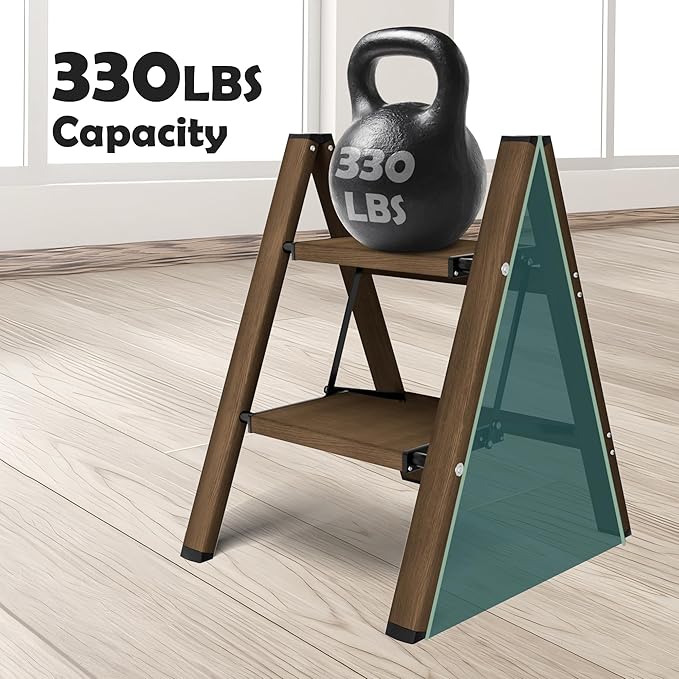 Taranta 2 Step Ladder,Aluminum Lightweight Folding 2 Step Stool with Anti-Slip Wide Pedal,330lbs Capacity Step Ladder for Household,Kitchen,Office - Walnut