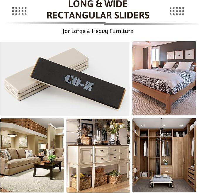 CO-Z Large Furniture Sliders - 4 Pack, 2 1/2" x 9" Rectangle Reusable Furniture Sliders for Carpet, Heavy-Duty Furniture Gliders Movers for Hardwood Floors, Plastic Moving Pads for Heavy Furniture