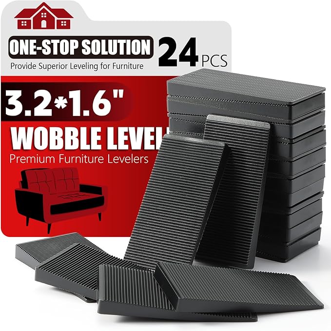 Furniture Leveler 24pcs Kit Size Variety | Multi-Purpose Rubber Shim for Leveling Feet Stable | Anti-Wobble Pad for Uneven Table, Dresser Leg, Toliet and More Furniture | Prevent from Wobbling