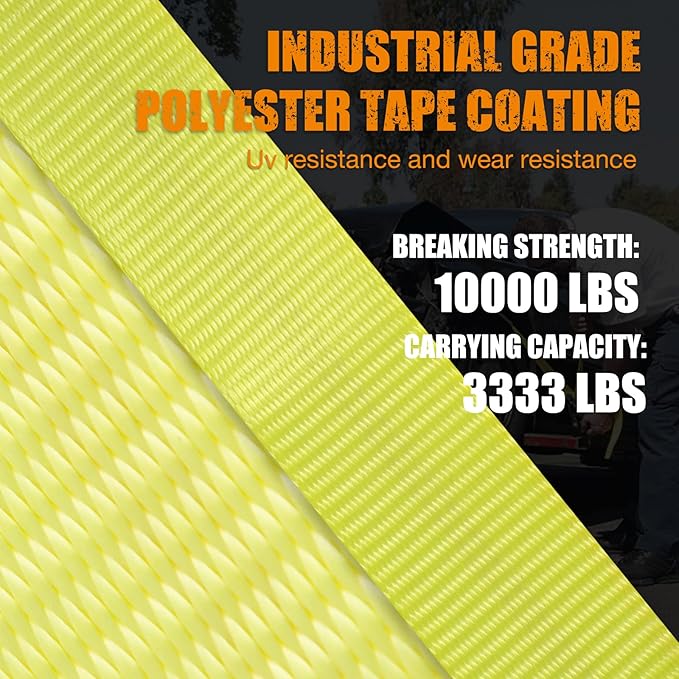 Adjustable Vehicle Tie Down Kit with Flat Hook Heavy Duty-Break Strength 10,000 lbs-Working Load 3333 lbs-2" x 10' Lasso Ratchet Straps for Car, Truck, UTV(Classic Yellow)