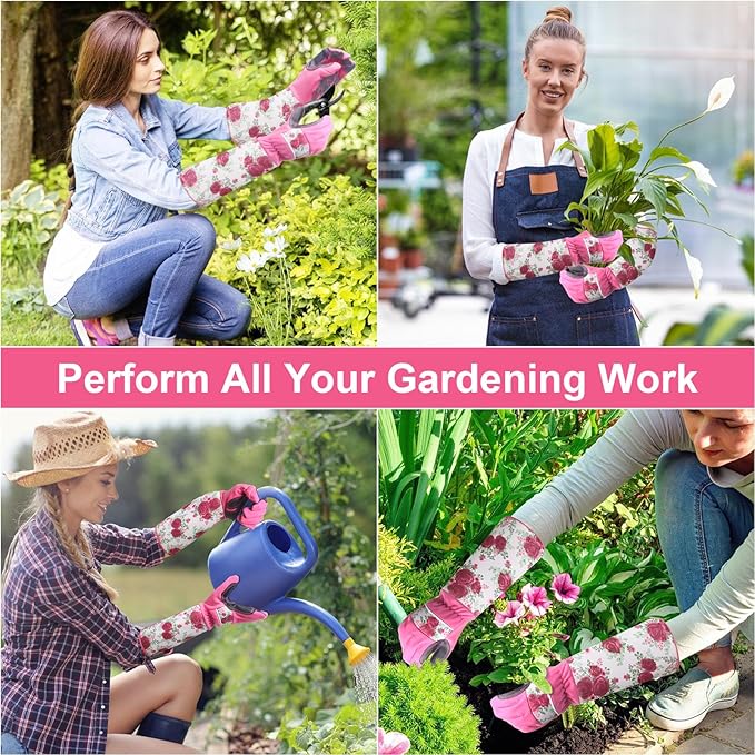 DLY Gardening Gloves for Women, Rose Gloves Gardening Thorn Proof, Long Garden Gloves for Women, Breathable & Durable Leather Gauntlet(Medium, Rose Red)