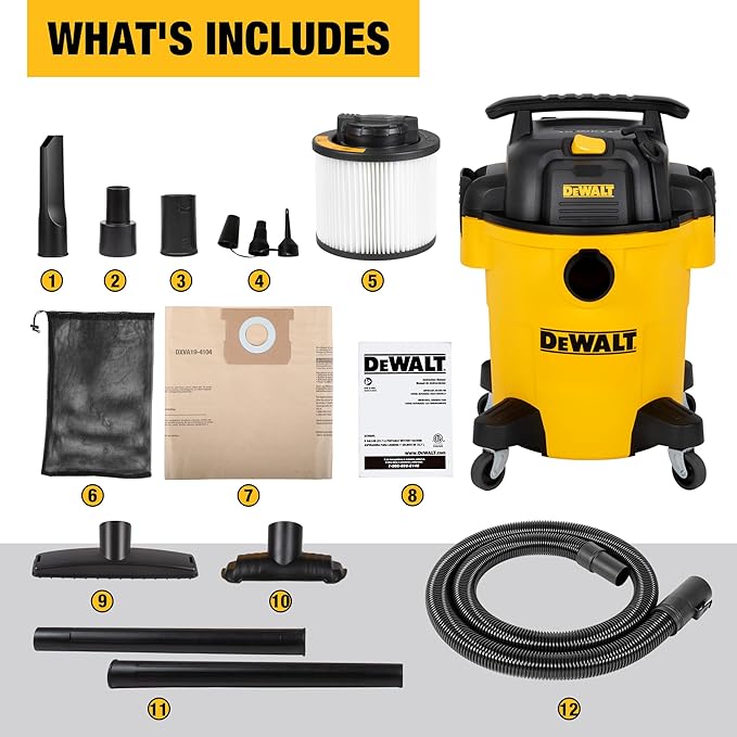 DEWALT Shop Vacuum 6 Gallon 4HP Poly Wet Dry Vacuum Ultimate Cleaning Solution for Construction Workshop Environments for Jobsite Garage Home W/Inflation Ket, Yellow, DXV06PL