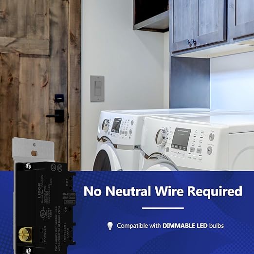 LIDER Dimmer Paddle Switch for Dimmable 300W LED/CFL Lights, 1-Pole or 3-Way, 120 V, Modern Upgrade, UL Listed, Wall Plate Included, Gray