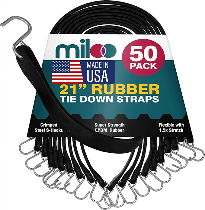 Miloo Rubber Bungee Cords with Hooks – Heavy-Duty EPDM Tarp Straps – 21-Inch, Pack of 50 – Made in USA