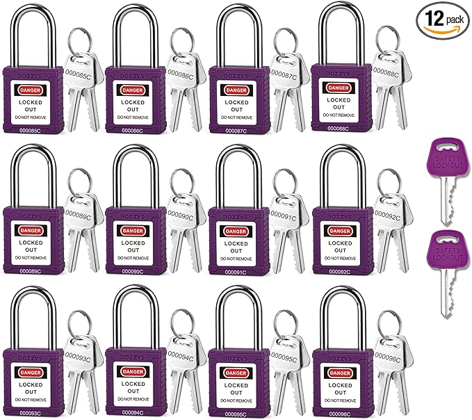 Lockout Tagout Locks with 2 Master Keys|12-Pack Purple OSHA Loto Lock|Keyed Different & Laser Coding|Lock Out Padlock Kits for Machinery & Electrical Panels