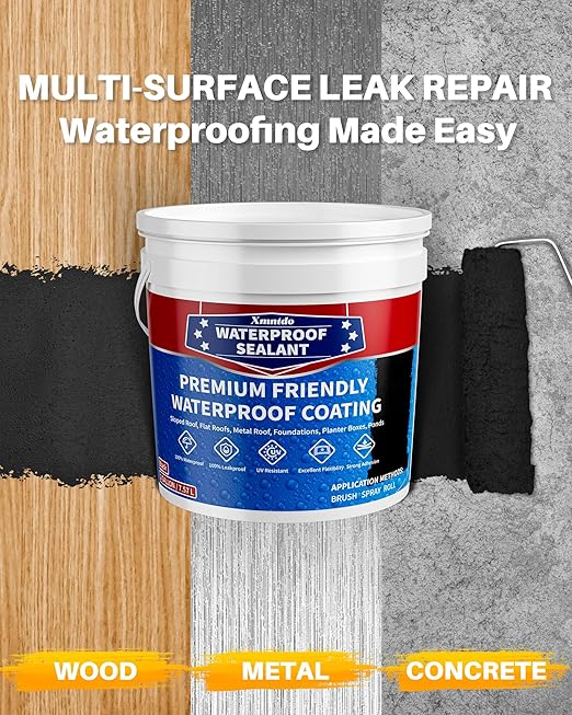 Waterproof Sealant 2 Gallon, Black, Roof Leak Repair Coating, Water-Based Rubber Liquid Water Proof Sealant Coating, Polyurethane Waterproof Coating for Roofs, Foundations, Basements