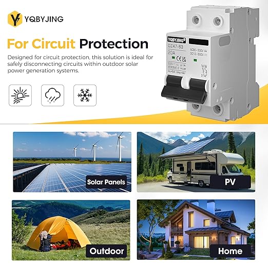 DC Circuit Breaker 20 Amp Solar Panel Disconnect Switch 12V-500V 2 Poles Miniature Solar Circuit Breaker for Outdoor PV Homes Battery, AC 110V DIN Rail MCB