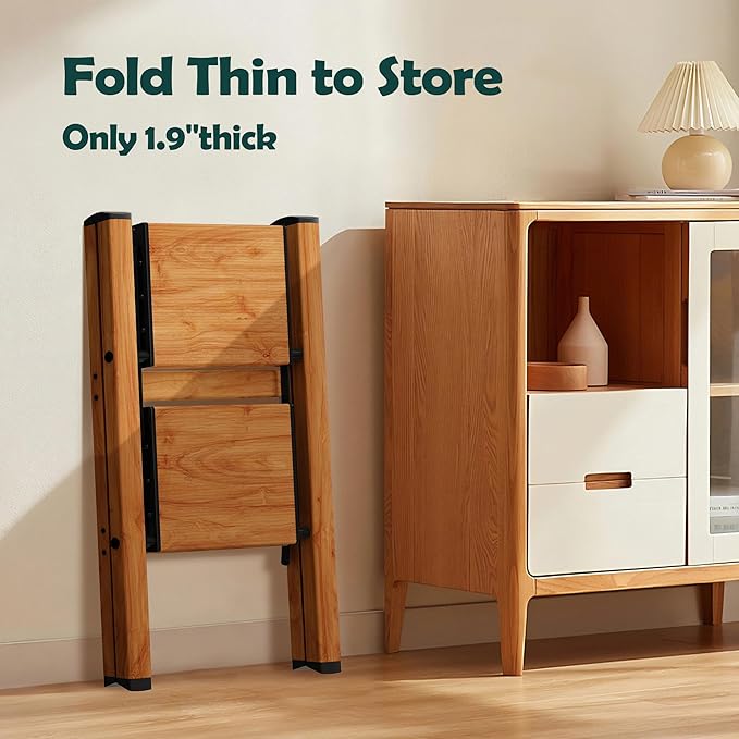 Taranta 2 Step Ladder,Aluminum Lightweight Folding 2 Step Stool with Anti-Slip Wide Pedal, 330lbs Capacity Step Ladder for Household,Kitchen,Office - Woodgrain