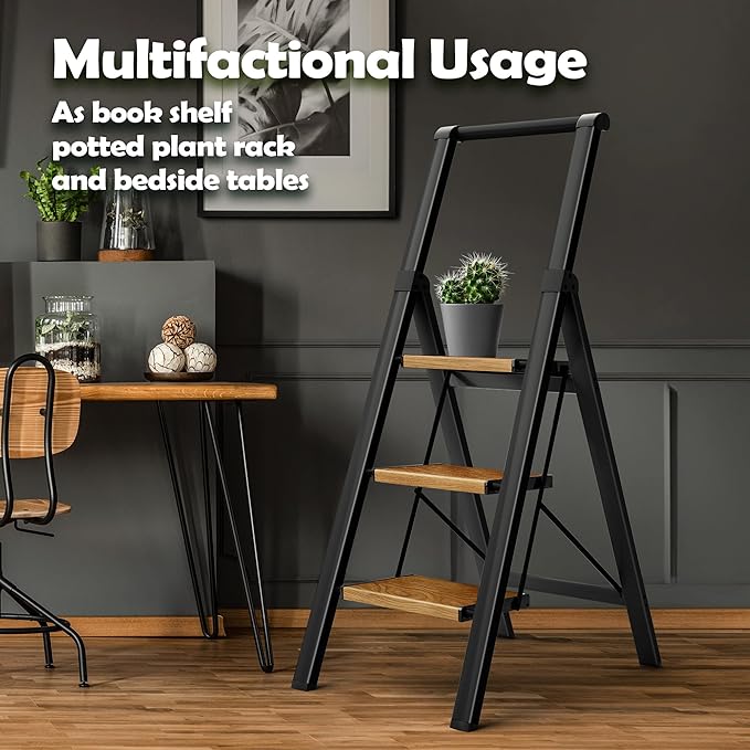 Taranta 3 Step Ladder, Portable Folding Ladder with Wide Pedal,Lightweight Aluminum Step Stool with Convenient Handgrip,330 lbs Capacity Stepladder for Home, Office-BlackWoodgrain