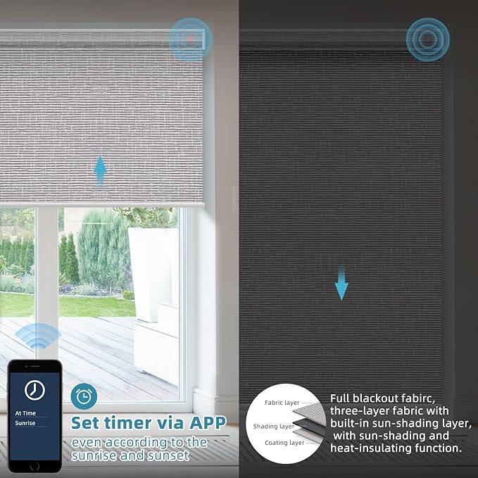 SmartWings Motorized Smart Blinds with Remote, Automatic Blackout Roller Shade Work with Alexa Homekit Thread Google Z-Wave, Electric Blind for Window, Custom Width Up to 110" W,Safari Rock Grey