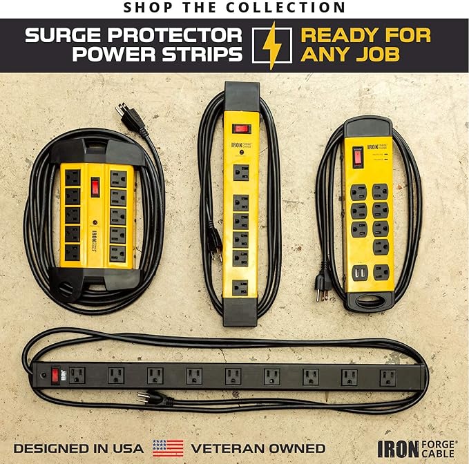 Iron Forge Cable 9 Outlet Heavy Duty Surge Protector Power Strip with Built-in Circuit Breaker, 14/3 SJT Black & Yellow with 9 ft Extension Cord