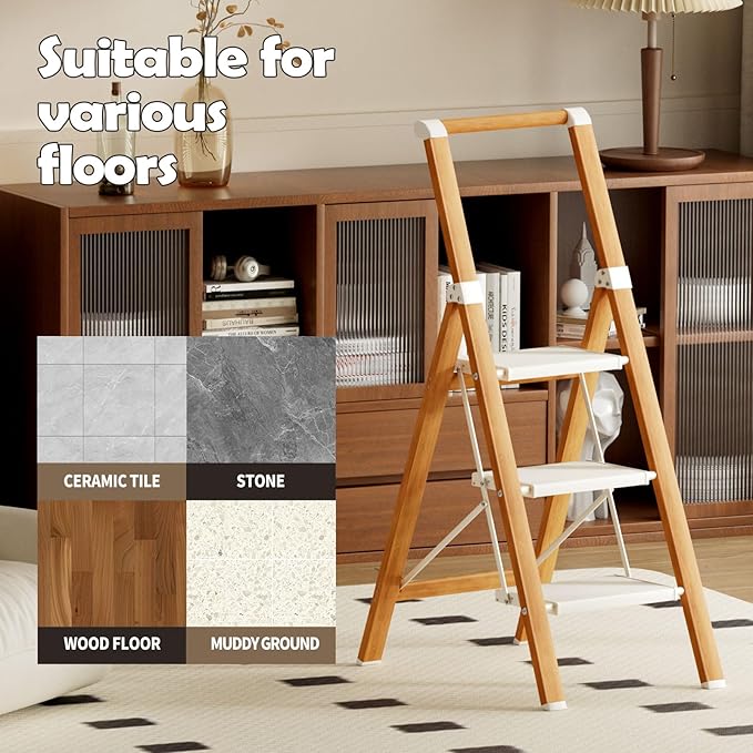 Taranta 3 Step Ladder, Portable Folding Ladder with Wide Pedal, Lightweight Aluminum Step Stool with Convenient Handgrip, 330 lbs Capacity Stepladder for Home, Office - White Woodgrain