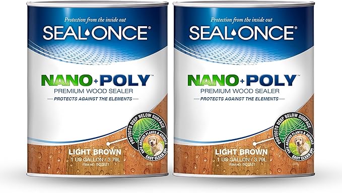 Seal-Once Nano+Poly Penetrating Wood Sealer with Polyurethane - Premium Waterproof Sealant -2 Gallon & Light Brown