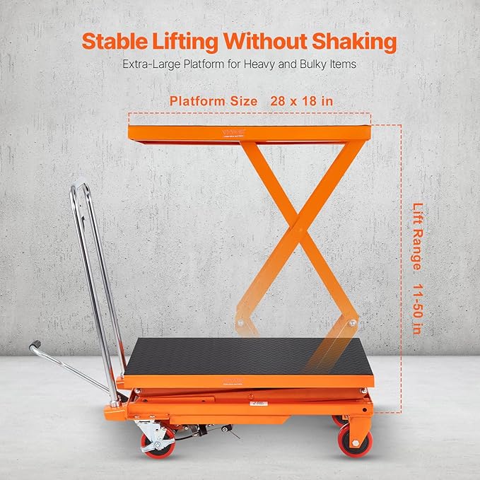 VEVOR Hydraulic Lift Table Cart, 330lbs Load Capacity 50 Inch Lifting Height, Manual Single Scissor Lift Table with Non-Slip Pad and 4 Wheels, Hydraulic Scissor Cart for Material Handling, Orange
