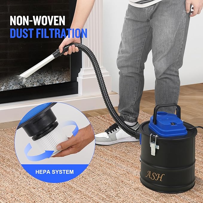 Ash Vacuum Cleaner -2.6 Gallon Fireplace Ash Vac with 800w Powerful Hose Non-Woven Dust Separator | Dry Stove Vacuum for Fireplaces Pellet Grill Wood Stove Fire Pits Blue