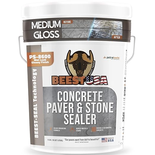 Paver Sealer - 8600 Wet Look (Medium Gloss) - 5 Gallon Covers up to 875-1250 sq ft (2 Coats)| Concrete Sealer Outdoor - Color Enhancing Acrylic Sealant for Stones, Patios, Pavers, Bricks & Driveways