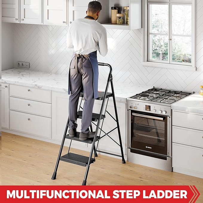 KINGRACK 4 Step Ladder,Folding Step Stool with Handrail, Anti-Slip Wide Pedals, Safe-Lock Design, Pass 800lbs Load Testing, Foldablel Step Stool for Home, Kitchen, Black