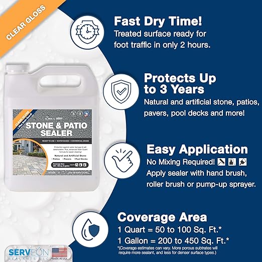 Natural Stone Sealer Plus Stain Guard (Clear Gloss Finish) Commercial Grade Outdoor Indoor Waterproof Grout Sealer Protects Pavers Pools Patios Landscape Stones (1 Gallon) H2700S