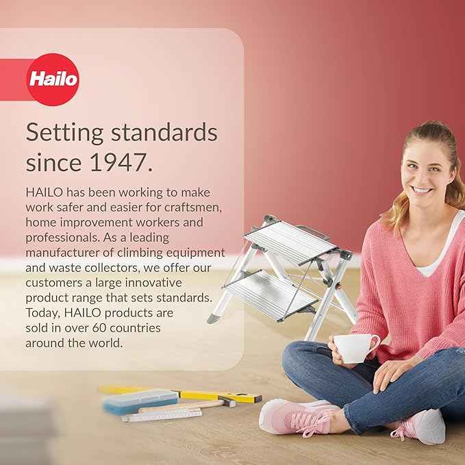 Hailo MK80 Mini Steel Step Stool - Two Large Anti-Slip Steps, 330 lb Capacity - Safety Release Button, Carry Handle - Easy Storage - Silver