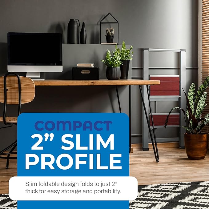 Step Ladder 2 Step Folding, Decorative - Beautiful Mahogany & Silver Aluminum, Ultra Slim Profile, Anti Slip Steps, Sturdy-Portable for Home, Office, Kitchen, Photography Use,by SORFEY