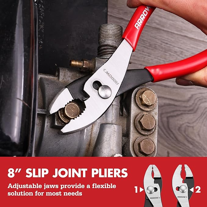 ARROW 8PCS Pliers & Wrench Set, 6" Needle Nose Pliers, 6" Diagonal, 7" Linesman, 8" Slip Joint, 8" & 10" & 12" Groove Joint and CRV 8" Adjustable Wrench, Portable Rolling Bag With Handle